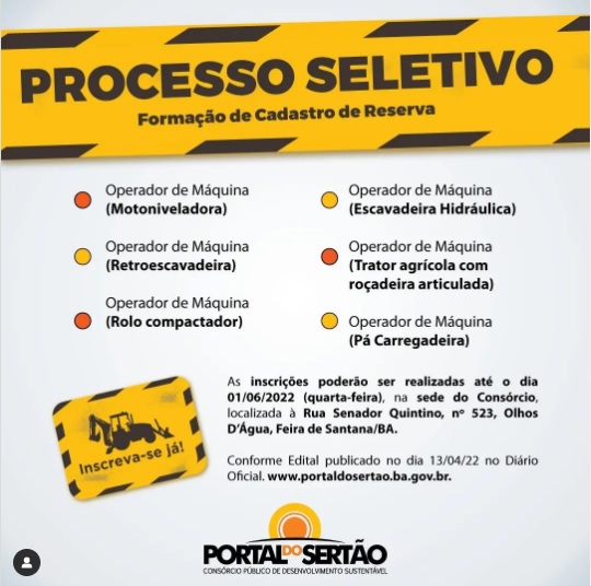Consórcio Portal do Sertão abre vagas para Operador de Máquinas