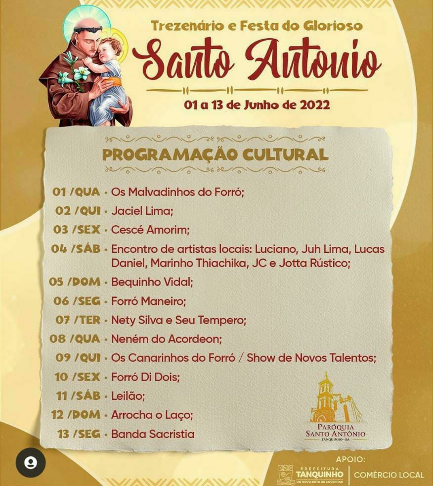 Tanquinho: divulgada a Festa cultural do Trezenário de Santo Antônio.