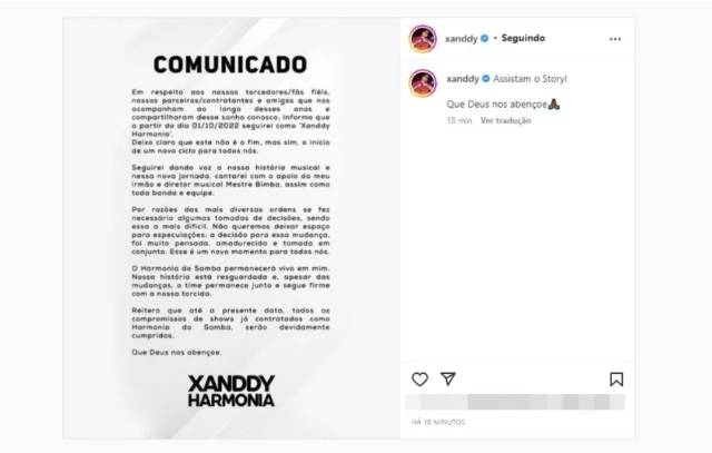 Xanddy anuncia saída do Harmonia do Samba: ‘São várias razões’