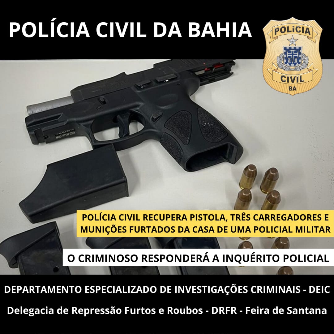 Polícia Civil recupera pistola, três carregadores e munições furtados da casa de uma policial militar