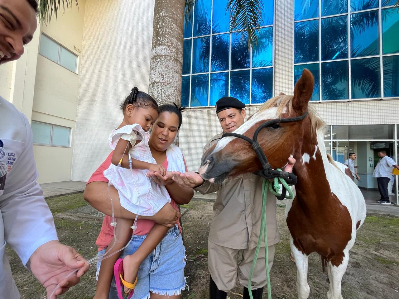 HEC e PM levam cavalos para dia com crianças e adolescentes internados no hospital