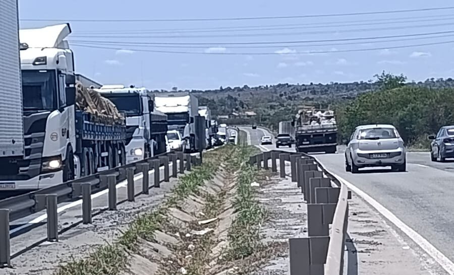 Carreta tomba e provoca engarrafamento quilométrico na BR-116 Sul