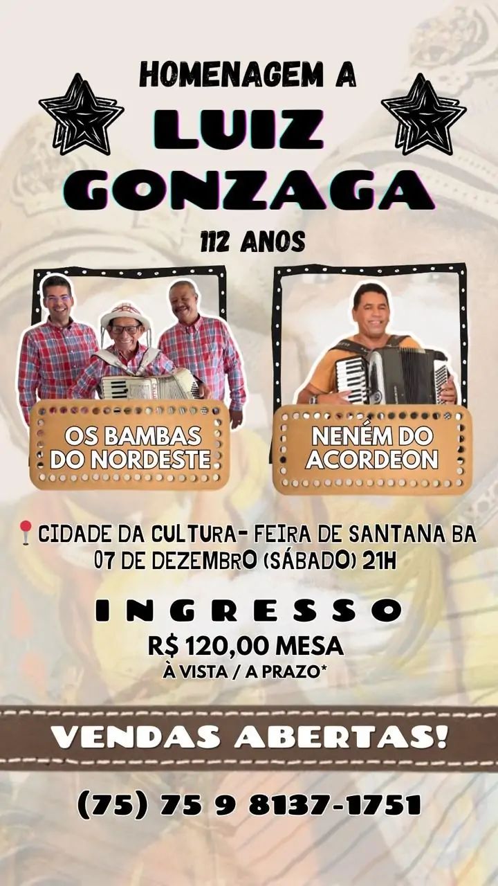 Feira de Santana homenageia Luiz Gonzaga em show especial pelos 112 anos do Rei do Baião