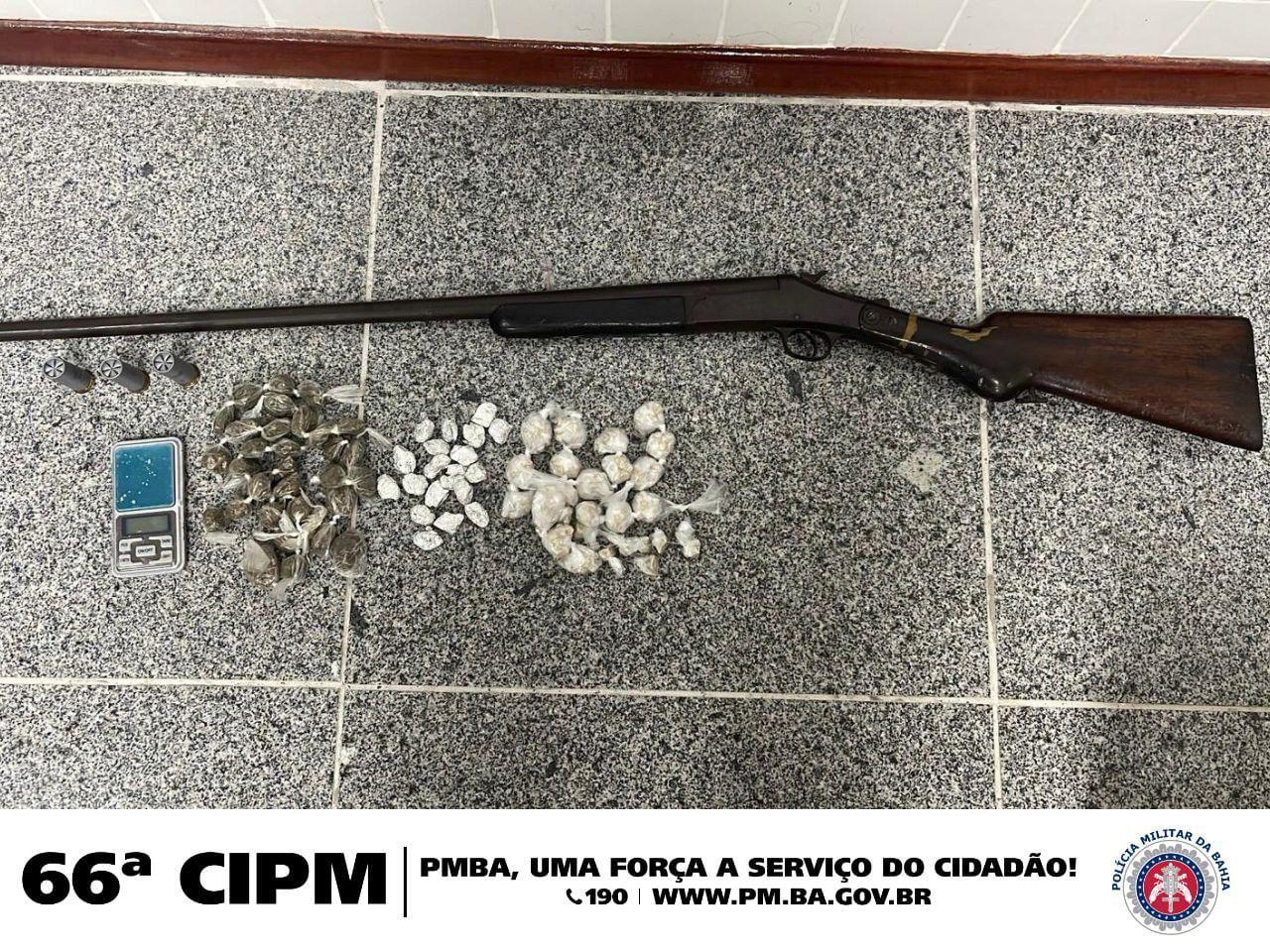 66ªCIPM realiza apreensão de arma de fogo e entorpecentes, no bairro Gabriela