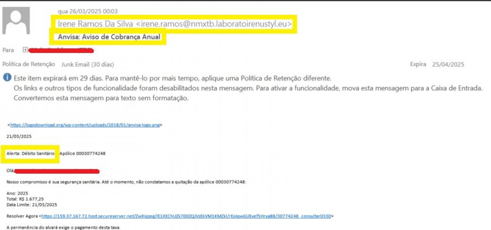 Anvisa alerta para tentativa de golpe com falsa cobrança por e-mail