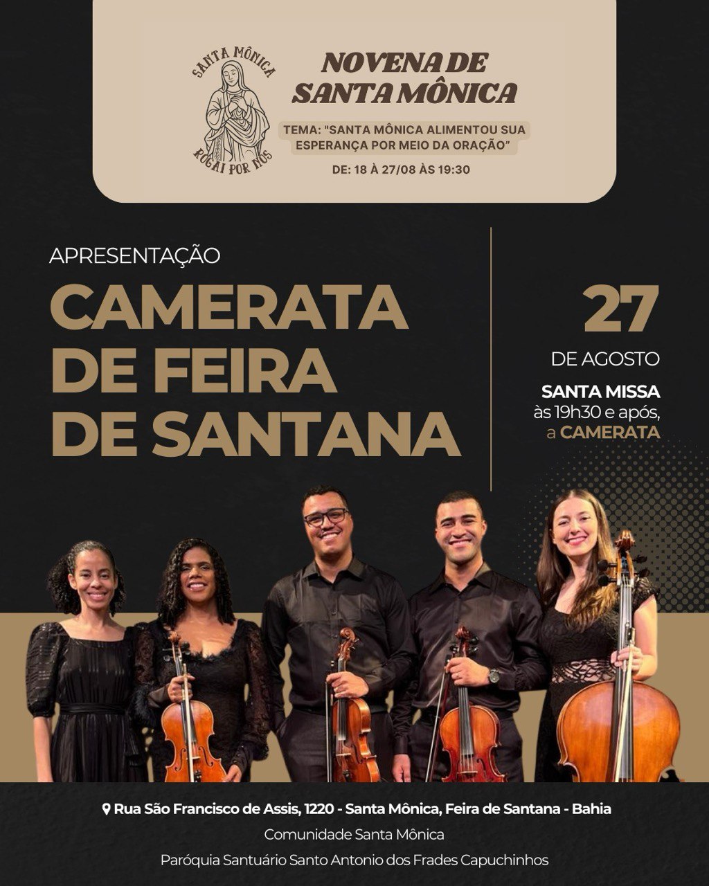 Camerata de Feira de Santana se apresenta na Novena de Santa Mônica com repertório sacro e ação solidária