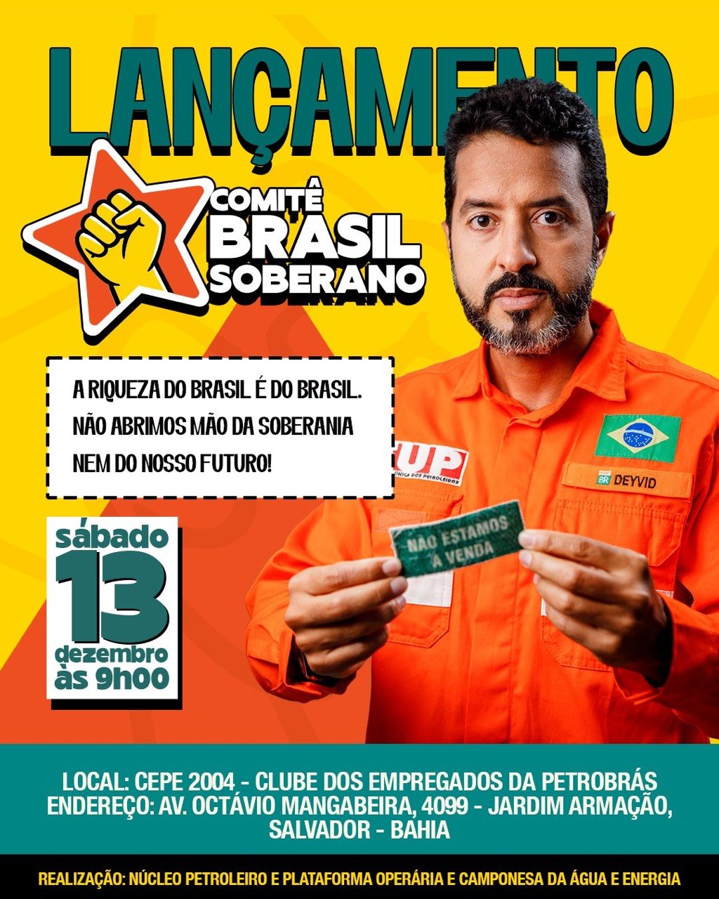 Deyvid Bacelar lança Comitê Brasil Soberano para defender setores estratégicos ameaçados