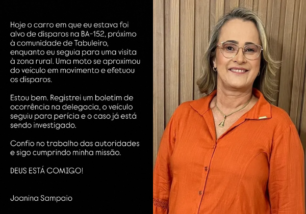 Carro de prefeita de município baiano é alvo de disparos de arma de fogo na BA-152